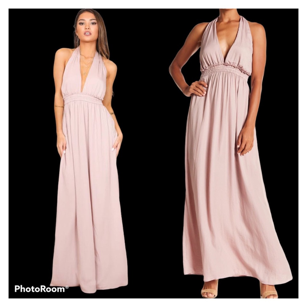 AAKAA Plunging V Neck Halter Backless Maxi Dress